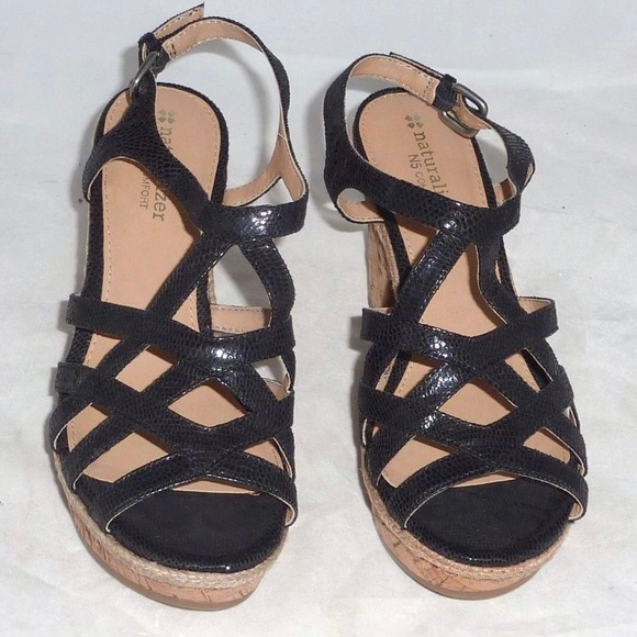 Naturalizer Women's Cork Wedge Black Snakeskin Print Strappy Sandals Size 6W - Picture 3 of 6
